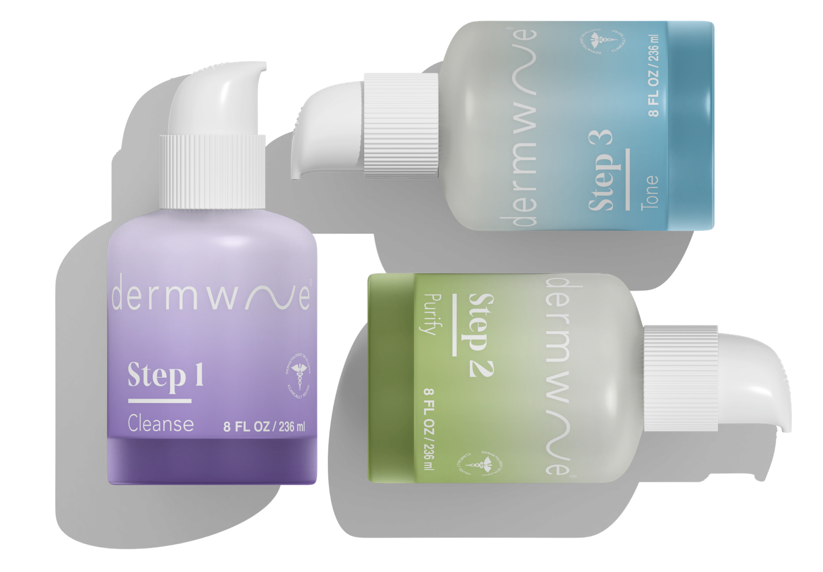 Dermwave Acne System. A purple, blue and green bottle scattered.